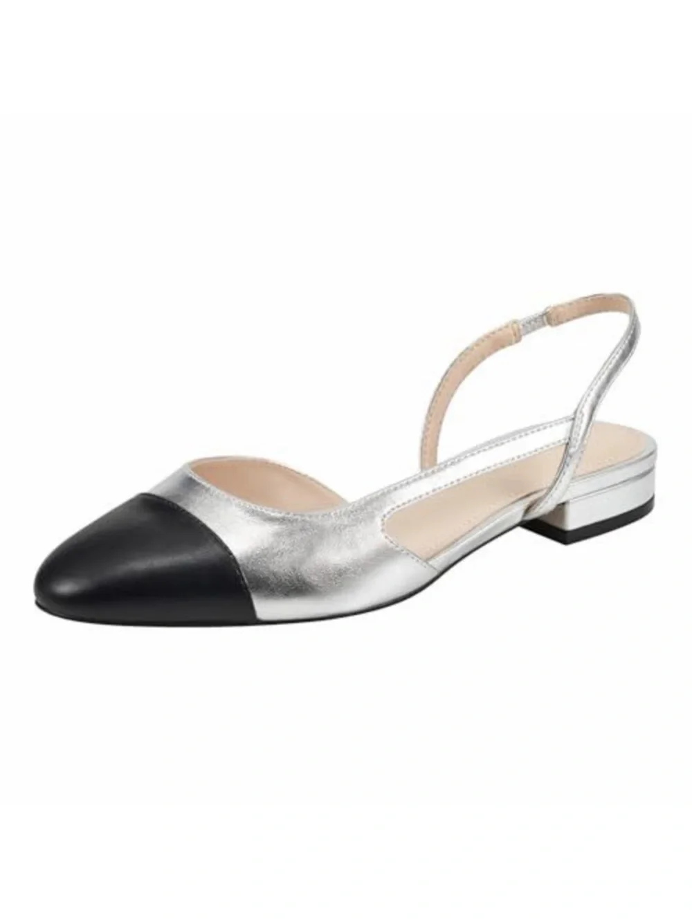 Marc Fisher Dela2 Metallic Silver Slingback Flats Black Cap Toes size 7.5 New
